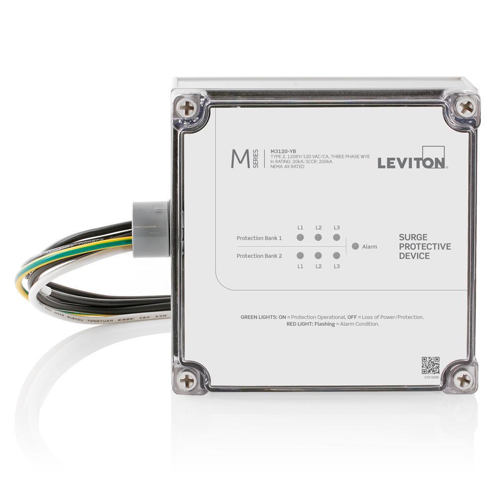 Leviton® M3120-YB M Series Type 2 Surge Protective Device, Electrical Ratings: 208Y/120 V AC, 50/60 Hz, 3 Phase, 10 AWG Wire