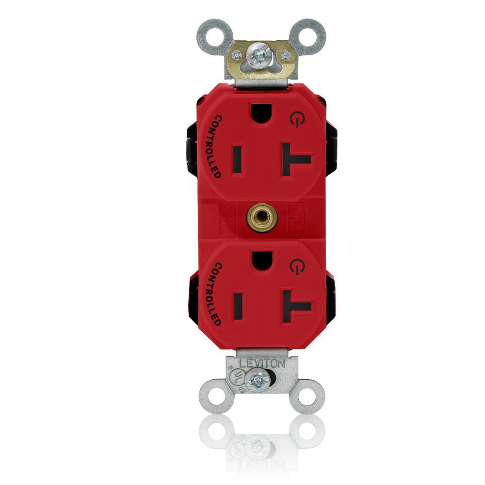 Leviton® Lev-Lok® M5362-2SR Duplex Heavy Duty Straight Blade Receptacle, 125 V AC, 20 A, 2 Poles, 3 Wires, Red