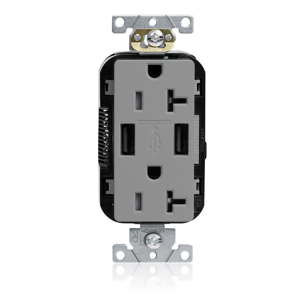 Leviton® Lev-Lok® M58AA-GY Combination Duplex Heavy Duty Self-Grounding Smooth Face Tamper-Resistant USB Receptacle, 125 V AC, 20 A, 18 W, 1 hp, 2 Poles, 3 Wires, Gray