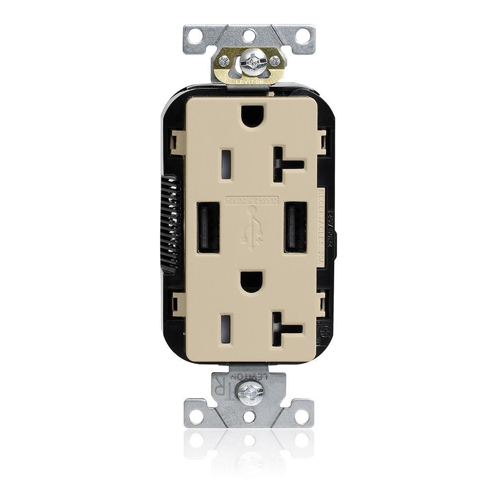 Leviton® Lev-Lok® Decora® Plus M58AA-I Combination Heavy Duty Self-Grounding Smooth Face Tamper-Resistant Duplex Receptacle and USB Charger, 125 V AC, 20 A, 2 Poles, 3 Wires, Ivory
