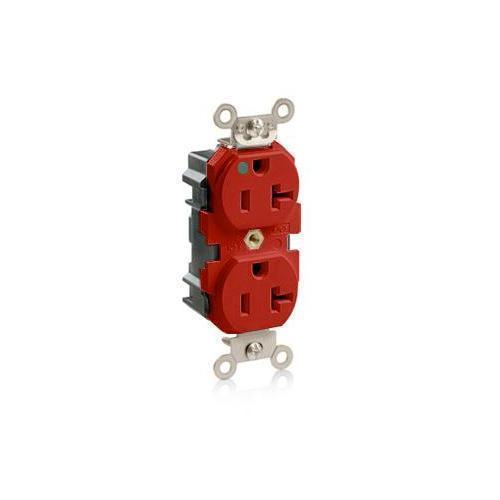 Leviton® M8300-R 1-Phase Duplex Extra Heavy Duty Wide Body Straight Blade Receptacle, 125 V AC, 20 A, 2 Poles, 3 Wires, Red