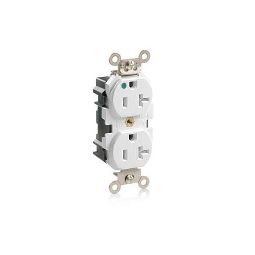 Leviton® Lev-Lok® M8300-SGW 1-Phase Duplex Extra Heavy Duty Tamper Resistant Self-Grounding Wide Body Straight Blade Receptacle, 125 V AC, 20 A, 2 Poles, 3 Wires, White