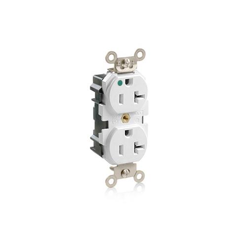 Leviton® M8300-W Duplex Extra Heavy Duty Wide Body Straight Blade Receptacle, 125 V AC, 20 A, 2 Poles, 3 Wires, White