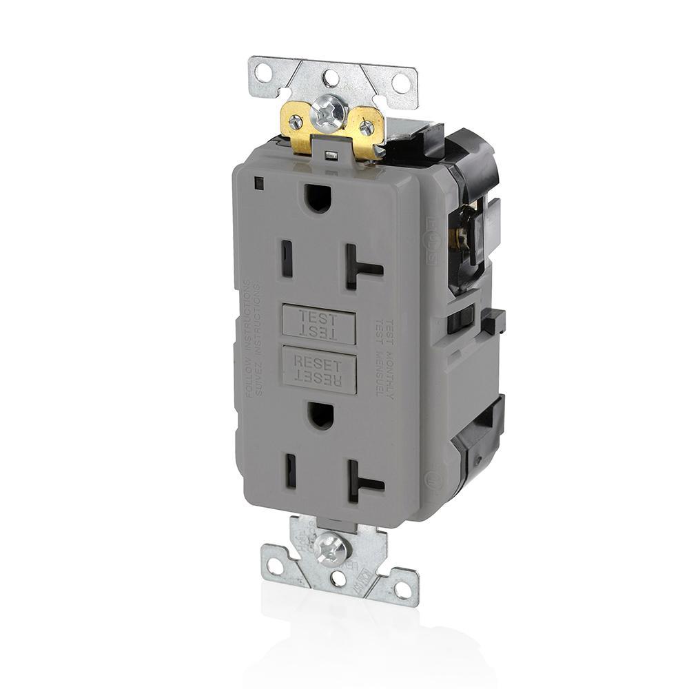 Leviton® SmartlockPro® Slim® MGFN2-GY Duplex Feed Through Self-Test GFCI Receptacle, 125 V AC, 20 A, 2 Poles, 3 Wires, Gray