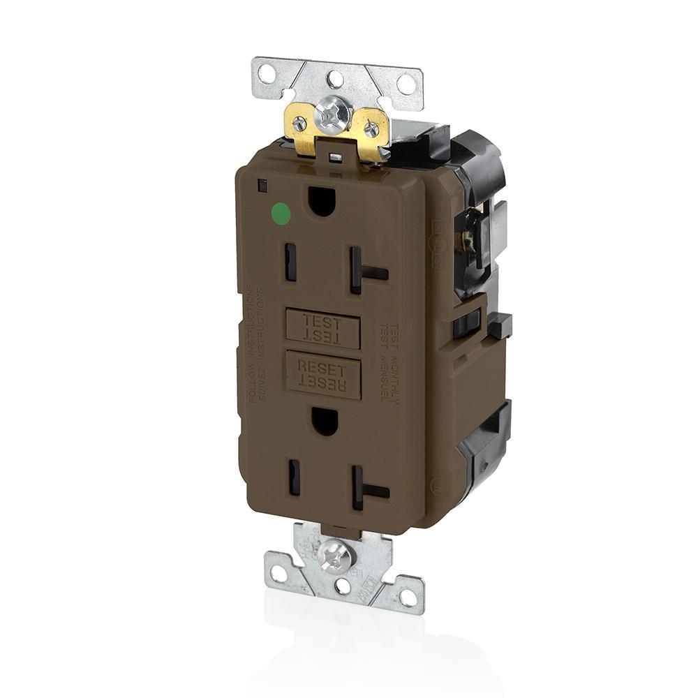 Leviton® SmartlockPro® Slim® MGFN2-HG Duplex Feed Through Self-Test GFCI Receptacle, 125 V AC, 20 A, 2 Poles, 3 Wires, Brown
