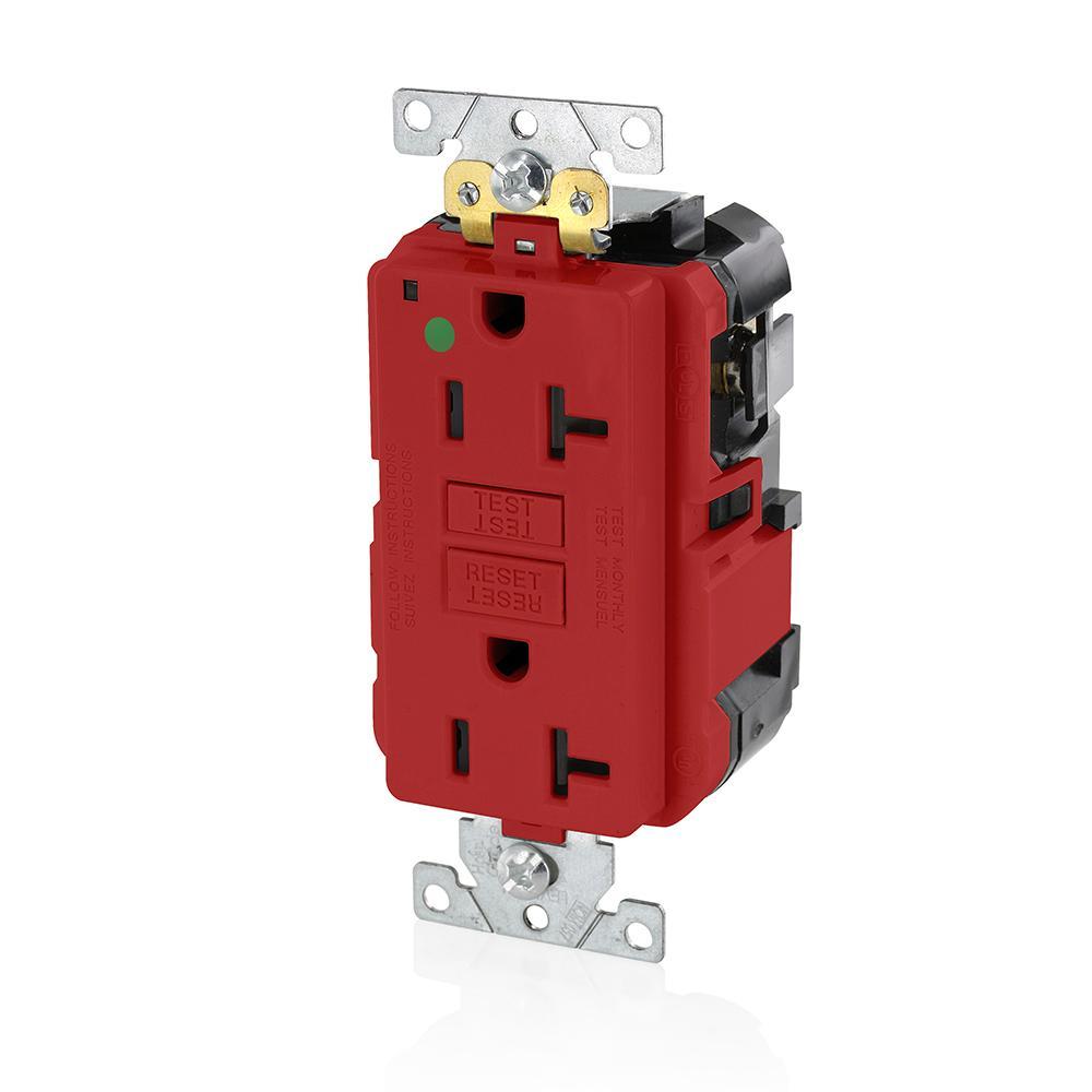 Leviton® SmartlockPro® Slim® MGFN2-HGR Duplex Feed Through Self-Test GFCI Receptacle, 125 V AC, 20 A, 2 Poles, 3 Wires, Red
