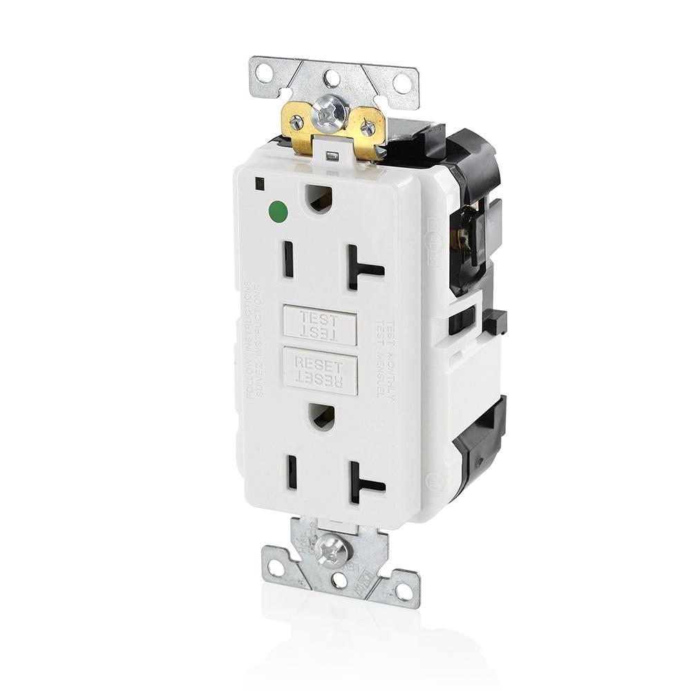 Leviton® SmartlockPro® Slim® MGFN2-HGW Duplex Feed Through Self-Test GFCI Receptacle, 125 V AC, 20 A, 2 Poles, 3 Wires, White