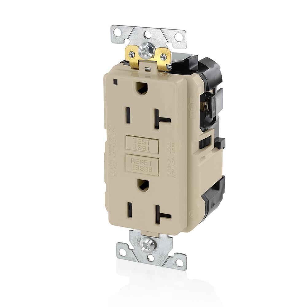 Leviton® SmartlockPro® Slim® MGFN2-I Duplex Feed Through Self-Test GFCI Receptacle, 125 V AC, 20 A, 2 Poles, 3 Wires, Ivory
