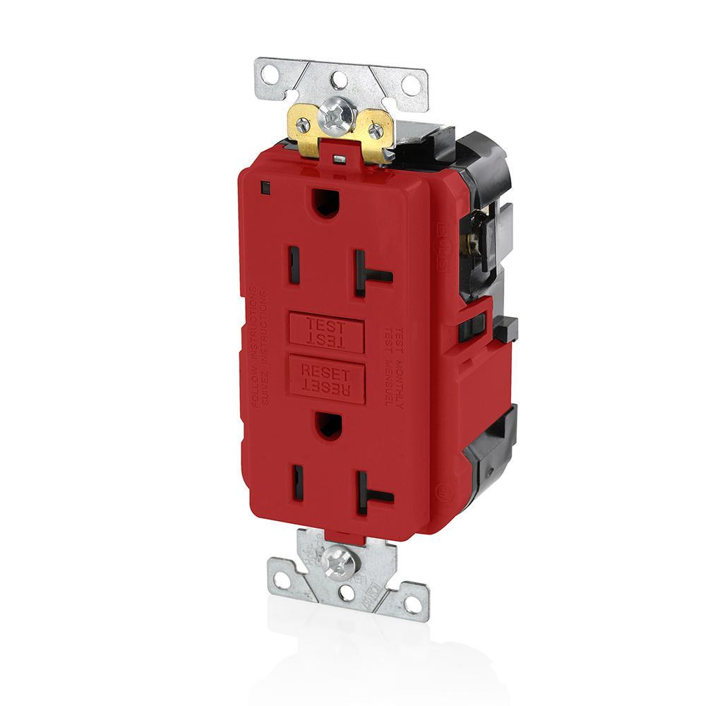 Leviton® SmartlockPro® Slim® MGFN2-R Duplex Feed Through Self-Test GFCI Receptacle, 125 V AC, 20 A, 2 Poles, 3 Wires, Red