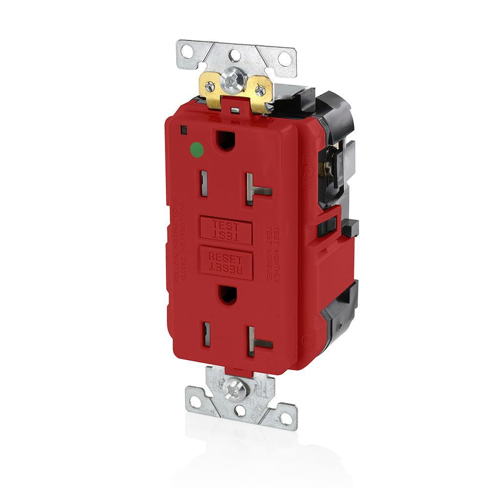 Leviton® SmartlockPro® Slim® MGFT2-HGR Feed-Through Self-Test Tamper-Resistant GFCI Receptacle, 125 V AC, 20 A, 2 Poles, 3 Wires, Red
