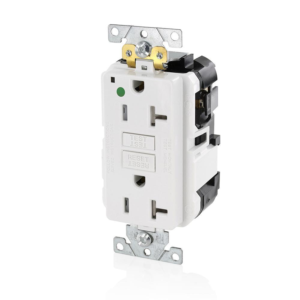 Leviton® SmartlockPro® Slim® MGFT2-HGW Feed-Through Self-Test Tamper-Resistant GFCI Receptacle, 125 V AC, 20 A, 2 Poles, 3 Wires, White