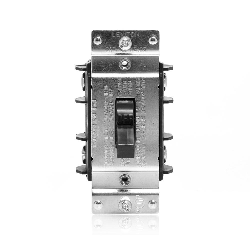 Leviton® MS402-DS Industrial Grade Manual Non-Grounding AC Motor Starter Switch, 600 V AC, 40 A, 15 hp Power Rating, DPST Contact