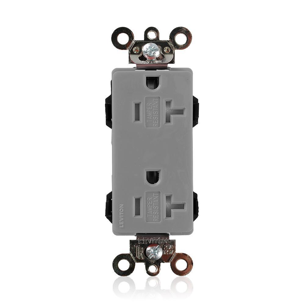 Leviton® Lev-Lok® MT163-GY Duplex Self-Grounding Tamper Resistant Straight Blade Receptacle, 125 V AC, 20 A, 2 Poles, 3 Wires, Gray
