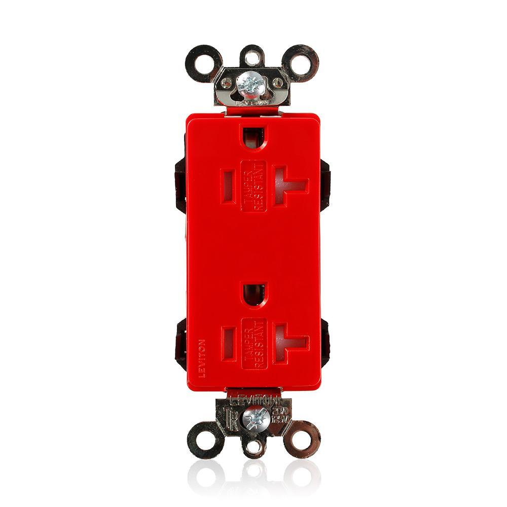 Leviton® Decora® Plus Lev-Lok® MT163-R 1-Phase Duplex Heavy Duty Self-Grounding Tamper Resistant Straight Blade Receptacle, 125 V AC, 20 A, 2 Poles, 3 Wires, Red