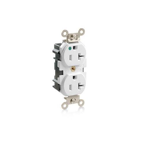 Leviton® Lev-Lok® MT830-W 1-Phase Duplex Heavy Duty Self-Grounding Tamper Resistant Straight Blade Receptacle, 125 V AC, 20 A, 2 Poles, 3 Wires, White