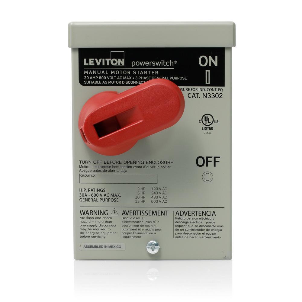 Leviton® Powerswitch® N3302-DS Grounding Manual AC Motor Starter Switch, 600 V AC, 30 A