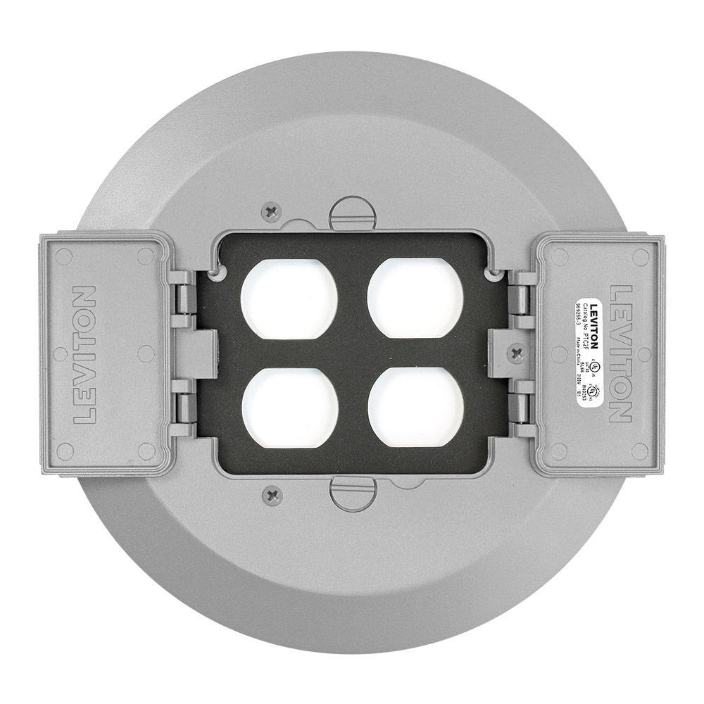 Leviton® PTC2X-GY Traditional Poke-Through Cover, 8.38 in Dia, Double Hinged Flip Lid Cover, Aluminum