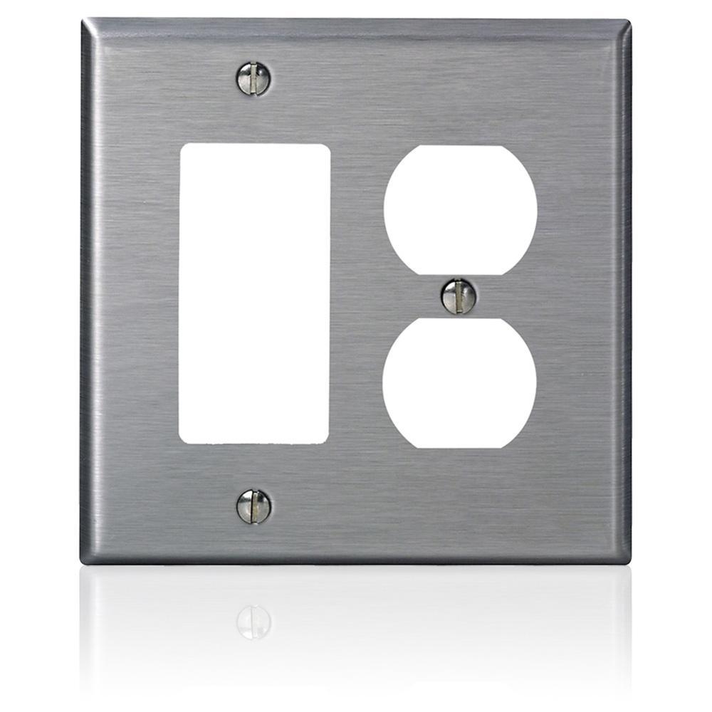 Leviton® Decora® SJ826-40 Midway Size Combination Wall Plate, 2 Gangs, 4.937 in W x 4.875 in H, Stainless Steel
