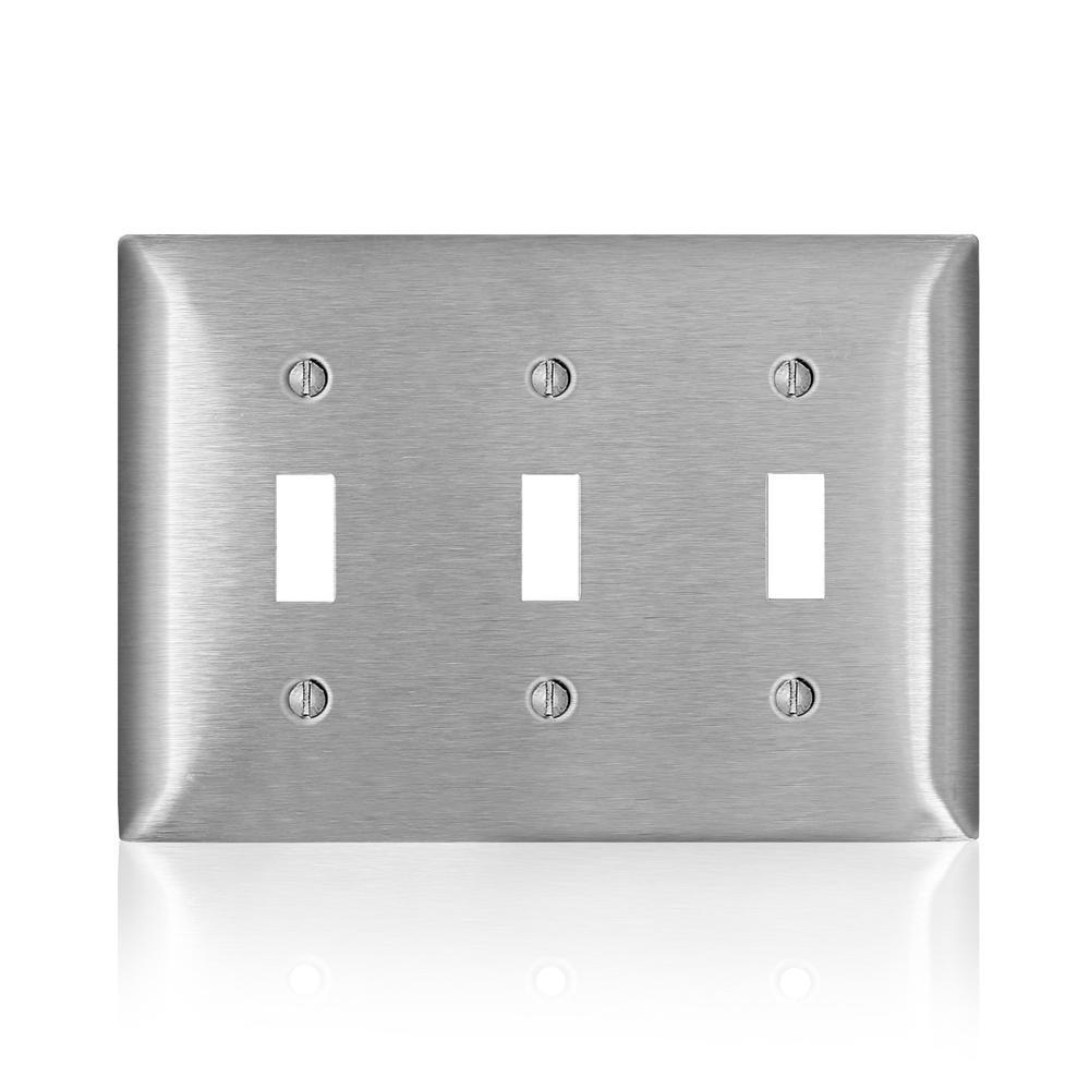 Leviton® SS3-40 C Series Non-Magnetic Standard Wall Plate, 3 Gangs, 6.41 in W x 4.54 in H, 302/304 Stainless Steel, Silver