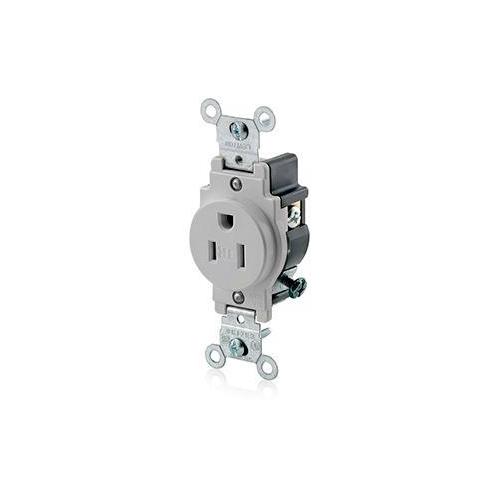 Leviton® T5015-GY 1-Phase Grounding Single Tamper Resistant Straight Blade Receptacle, 125 V AC, 15 A, 2 Poles, 3 Wires, Gray