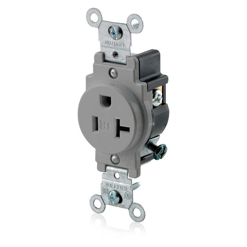 Leviton® T5020-GY Self-Grounding Single Smooth Face Standard Tamper-Resistant Straight Blade Receptacle, 125 V AC, 20 A, 2 Poles, 3 Wires, Gray