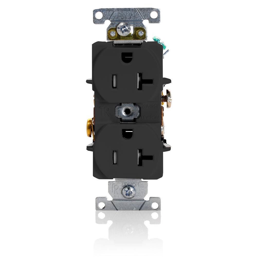 Leviton® T5362-E Duplex Heavy Duty Self-Grounding Tamper Resistant Straight Blade Receptacle, 125 V AC, 20 A, 2 Poles, 3 Wires, Black