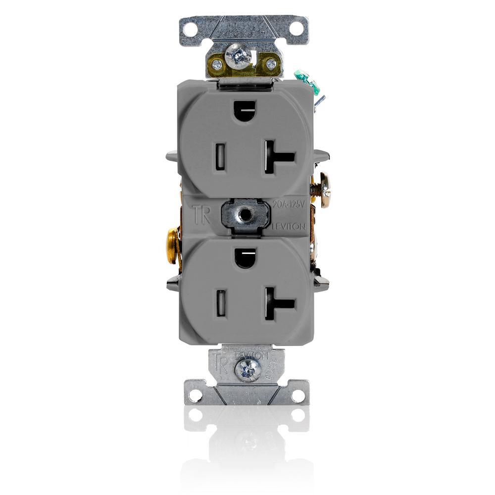Leviton® T5362-GY Straight Duplex Heavy Duty Self-Grounding Blade Receptacle, 125 V AC, 20 A, 2 Poles, 3 Wires, Gray