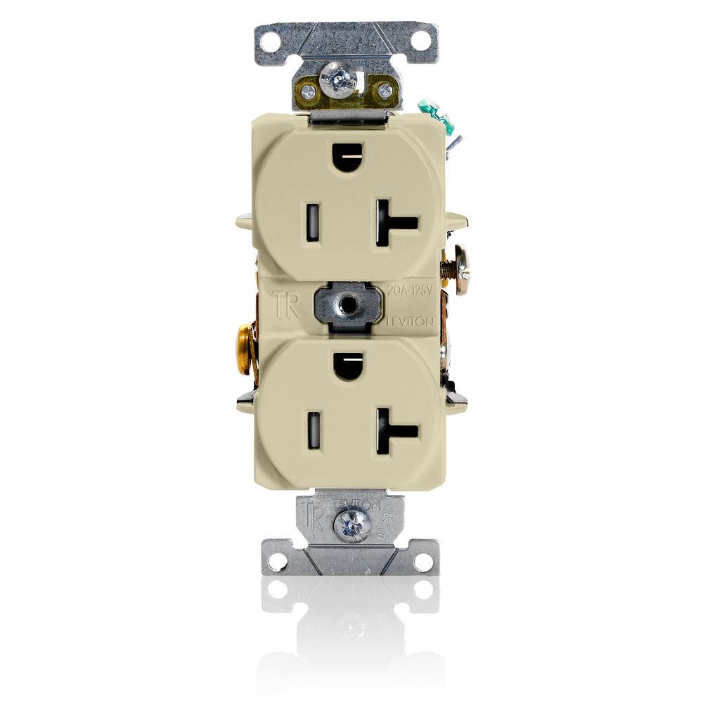 Leviton® T5362-I Duplex Heavy Duty Self-Grounding Tamper Resistant Straight Blade Receptacle, 125 V AC, 20 A, 2 Poles, 3 Wires, Ivory