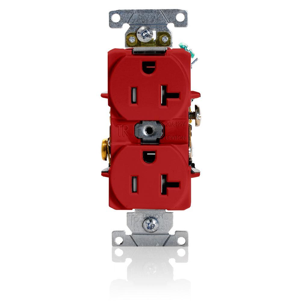 Leviton® T5362-R Duplex Heavy Duty Self-Grounding Tamper Resistant Straight Blade Receptacle, 125 V AC, 20 A, 2 Poles, 3 Wires, Red