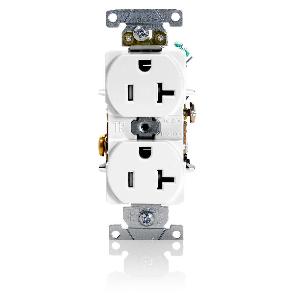 Leviton® T5362-W Straight Duplex Heavy Duty Self-Grounding Blade Receptacle, 125 V AC, 20 A, 2 Poles, 3 Wires, White