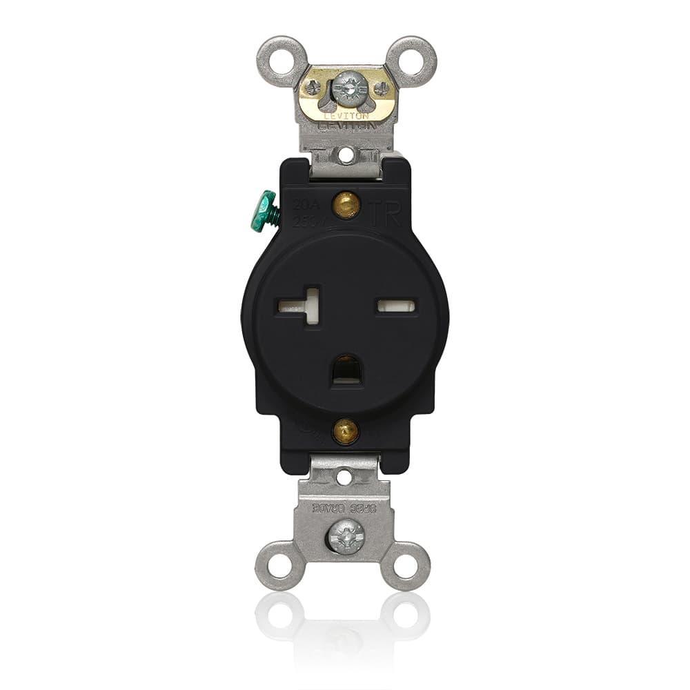 Leviton® T5461-E T5461 Heavy Duty Self-Grounding Single Smooth Face Standard Straight Blade Receptacle, 250 V AC, 20 A, 2 Poles, 3 Wires, Black