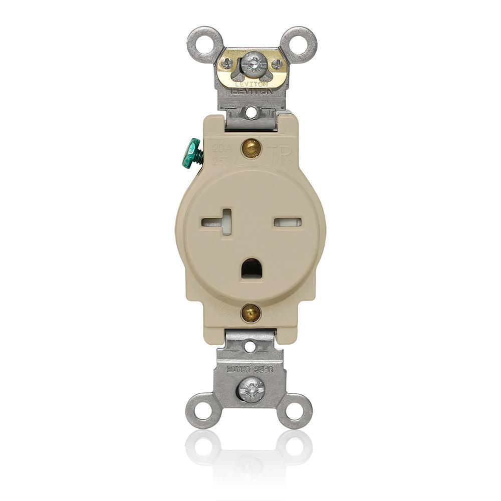Leviton® T5461-I T5461 Heavy Duty Single Self-Grounding Smooth Face Tamper-Resistant Straight Blade Receptacle, 250 V AC, 20 A, 2 Poles, 3 Wires, Ivory