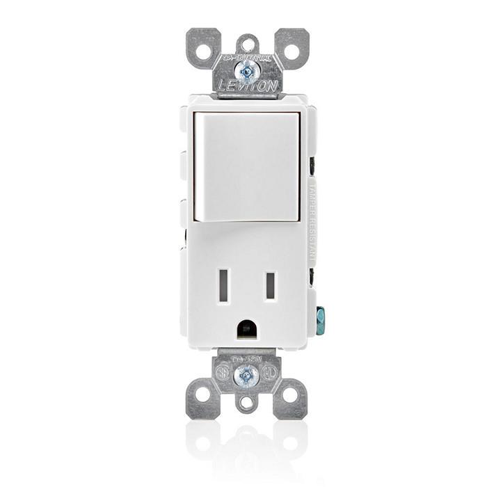 Leviton® Decora® Plug Into Safety® T5625-W Tamper-Resistant Combination Receptacle Switch, 12/15 A, 120/125 V AC, 60 Hz, 1 Poles