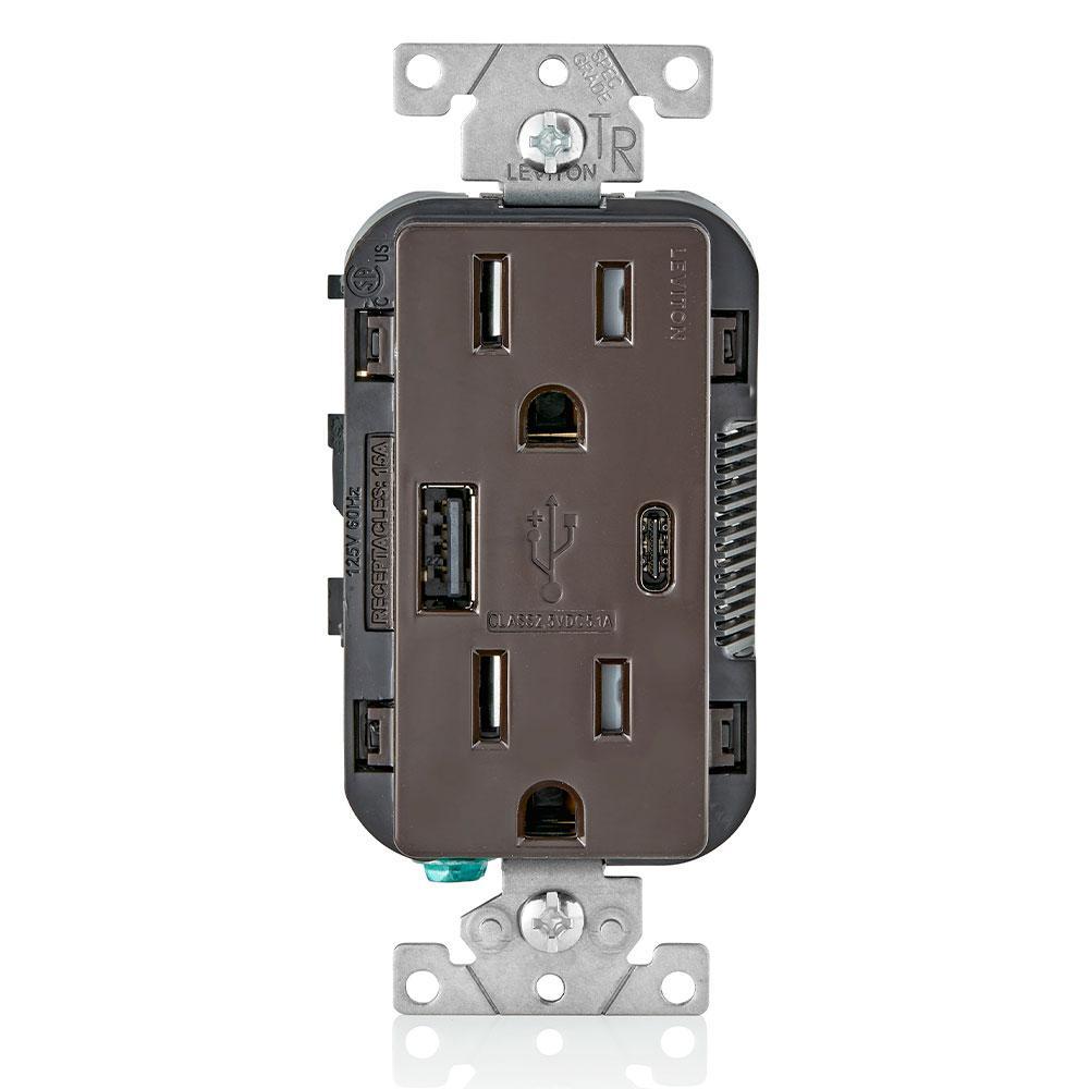 Leviton® Decora® T5633-B Combination USB Charger/Duplex Receptacle, 15 A, 125 V AC, 25 W, 2 Poles, 3 Wires, Blue