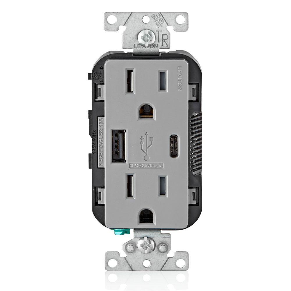 Leviton® Decora® T5633-GY Combination USB Charger/Duplex Receptacle, 15 A, 125 V AC, 25 W, 2 Poles, 3 Wires, Gray
