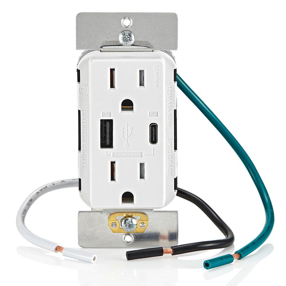 Leviton® T5634-W Duplex Grounding Charger Receptacle, 125 V AC, 15 A, 2 Poles, 3 Wires, White