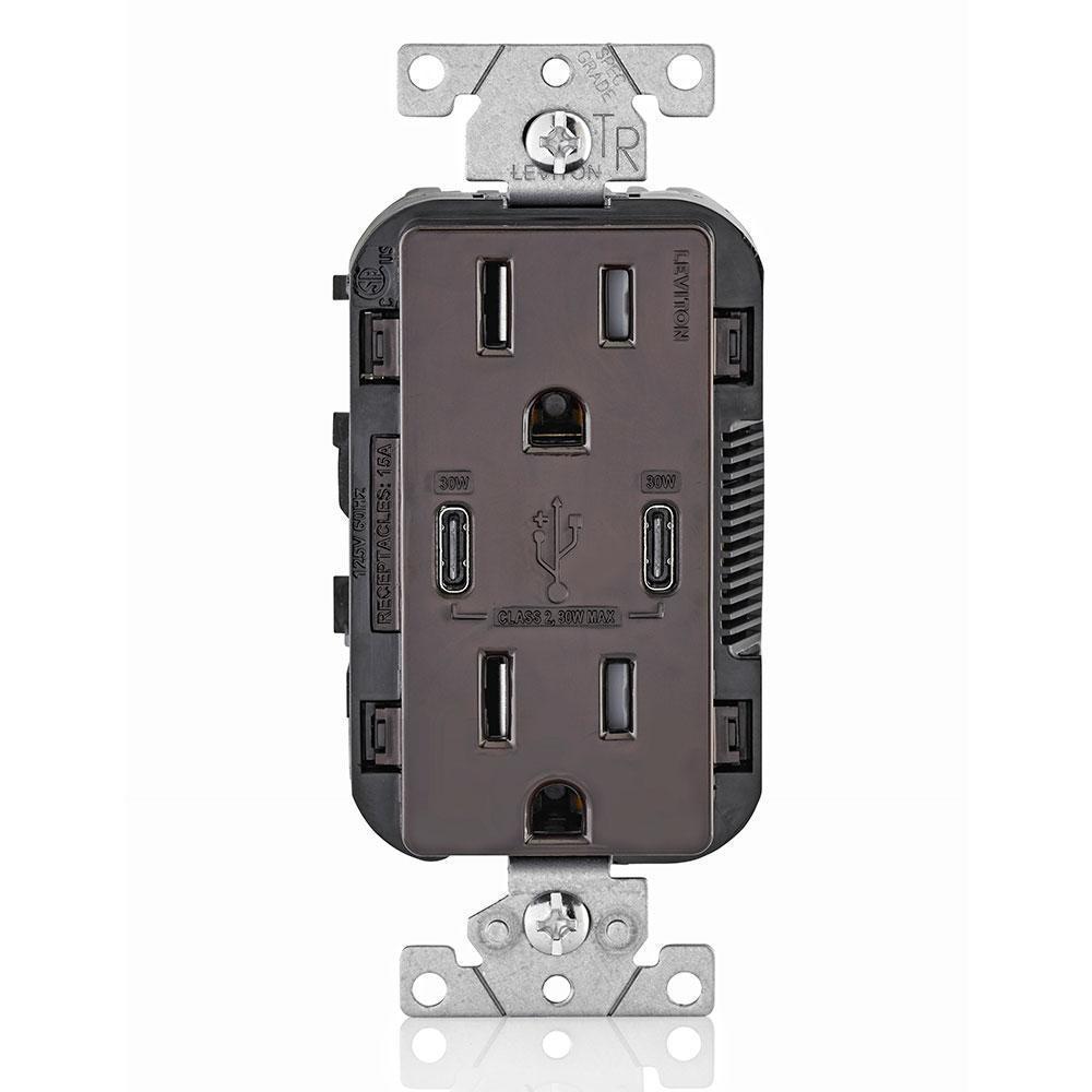 Leviton® Decora® T5635-B Combination Grounding Tamper-Resistant Duplex Receptacle and USB Charger, 125 V AC, 15 A, Brown
