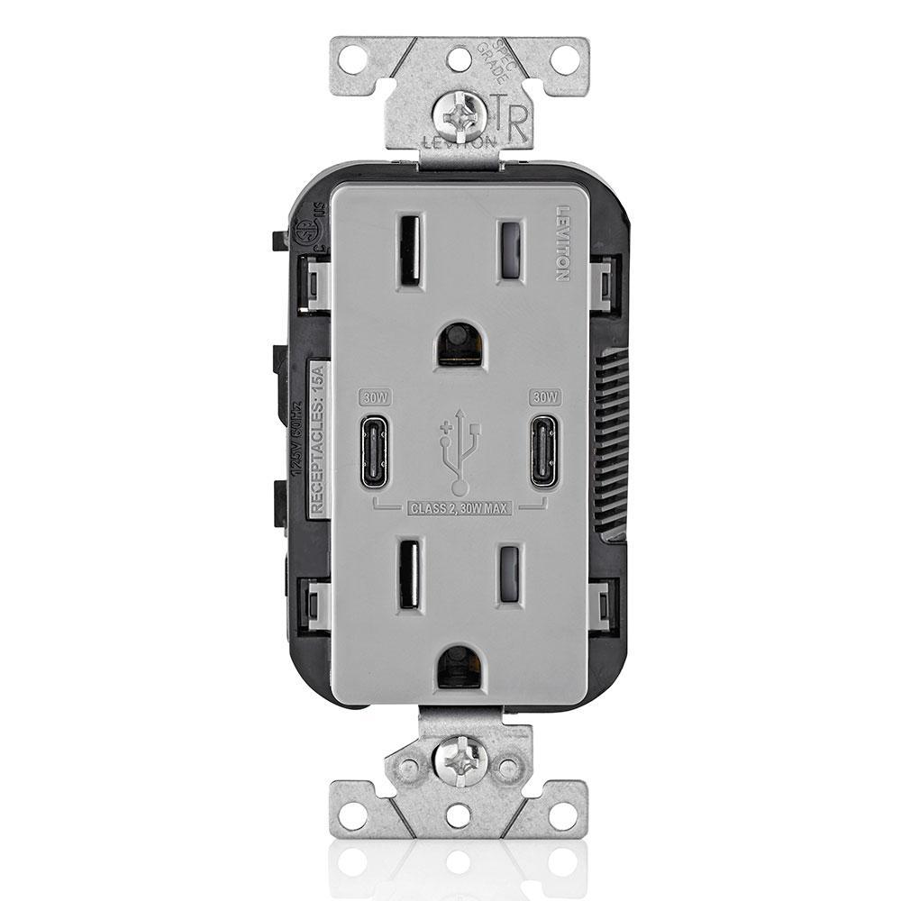 Leviton® Decora® T5635-G Combination Grounding Tamper-Resistant Duplex Receptacle and USB Charger, 125 V AC, 15 A, Gray