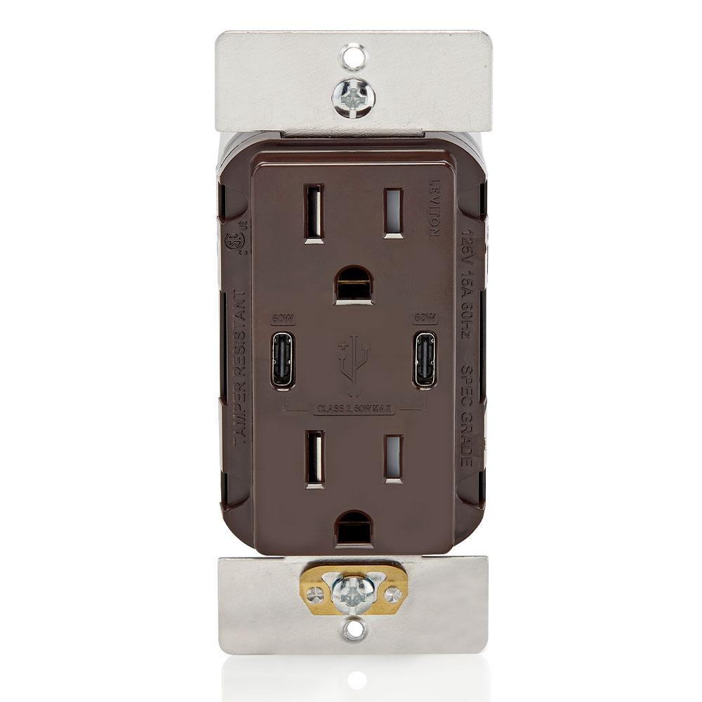 Leviton® T5636-B Tamper-Resistant USB Port, Electrical Ratings: 125 V AC, 15 A, 3 Wires, Brown
