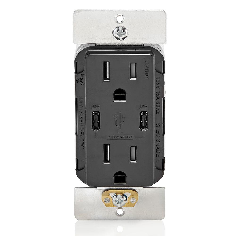 Leviton® T5636-E Tamper-Resistant USB Port, Electrical Ratings: 125 V AC, 15 A, 3 Wires, Black