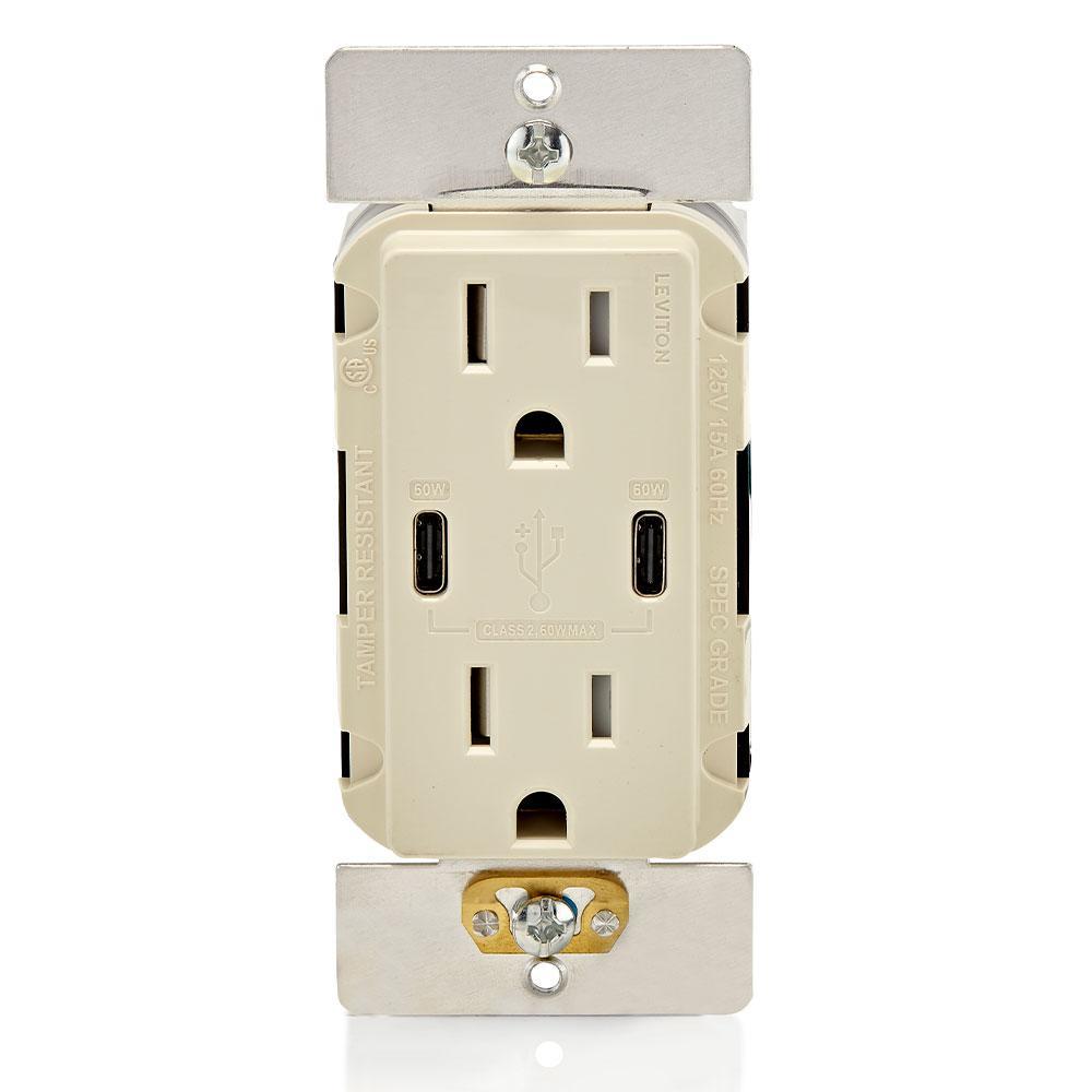 Leviton® T5636-T Tamper-Resistant USB Port, Electrical Ratings: 125 V AC, 15 A, 3 Wires, Light Almond
