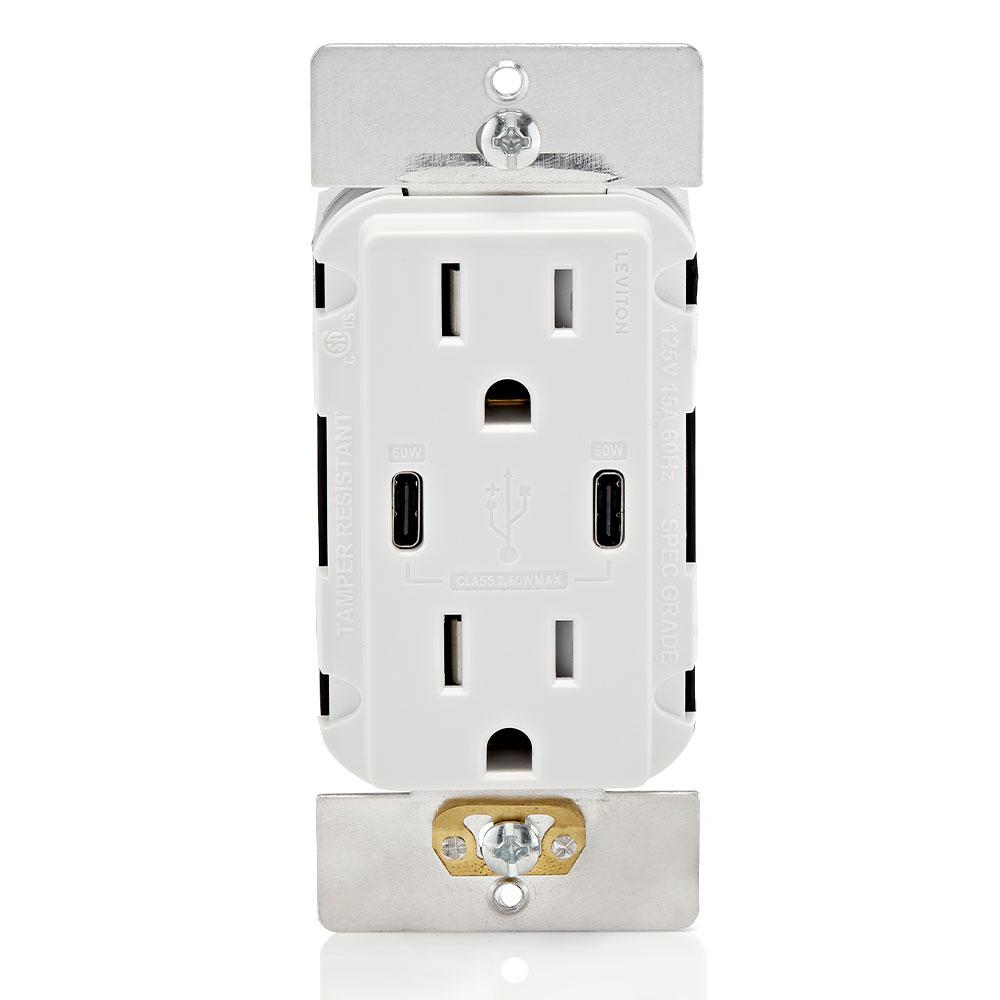 Leviton® T5636-W T5636 Outlet Charger Receptacle, Electrical Ratings: 125 V AC, 3 Wires, White