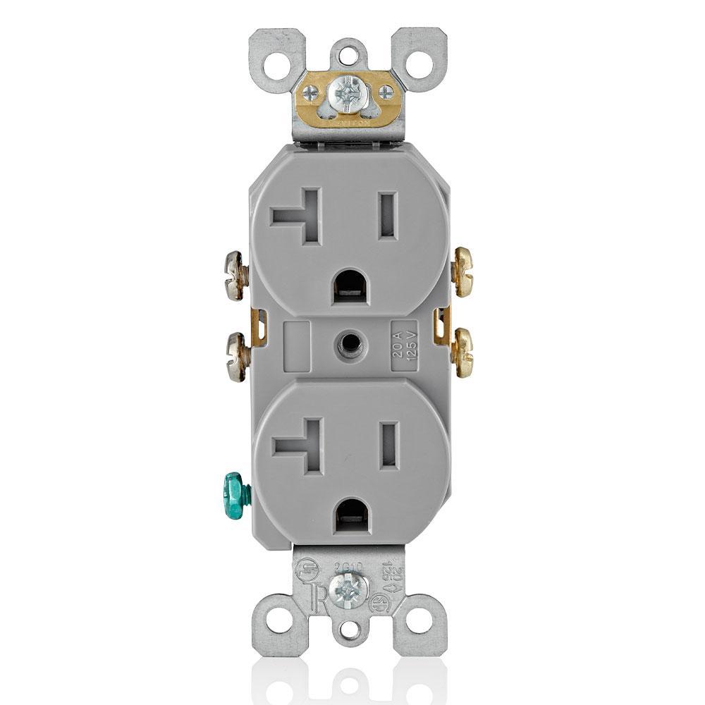 Leviton® T5820-GY Duplex Self-Grounding Tamper and Weather Resistant Straight Blade Receptacle, 125 V AC, 20 A, 2 Poles, 3 Wires, Gray