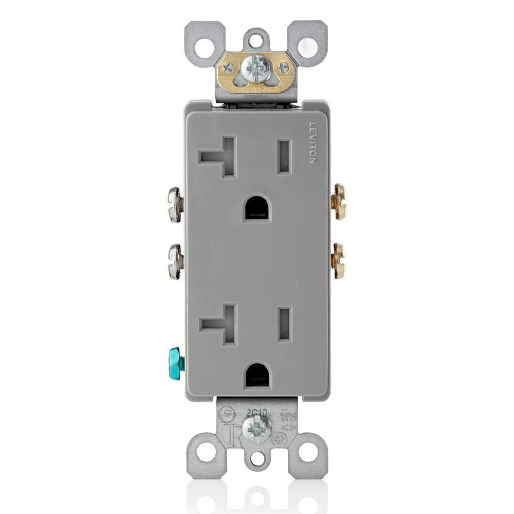 Leviton® T5825-GY Duplex Self-Grounding Tamper-Resistant Straight Blade Receptacle, 125 V AC, 20 A, 2 Poles, 3 Wires, Gray