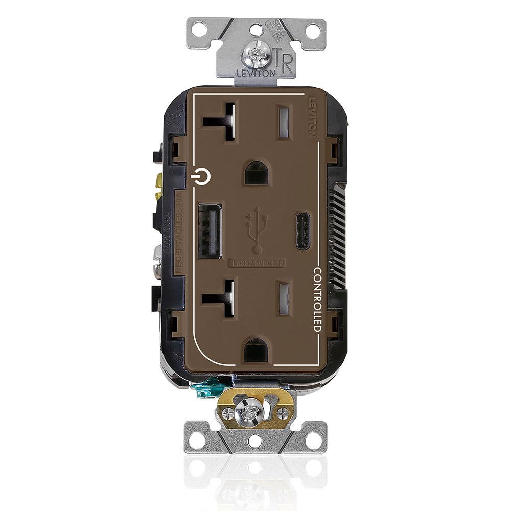 Leviton® T5833-2B Controlled Combination Duplex Dual Marked Grounding Tamper-Resistant USB Receptacle, 125 V AC, 20 A, 1/2 hp, 2 Poles, 3 Wires, Brown