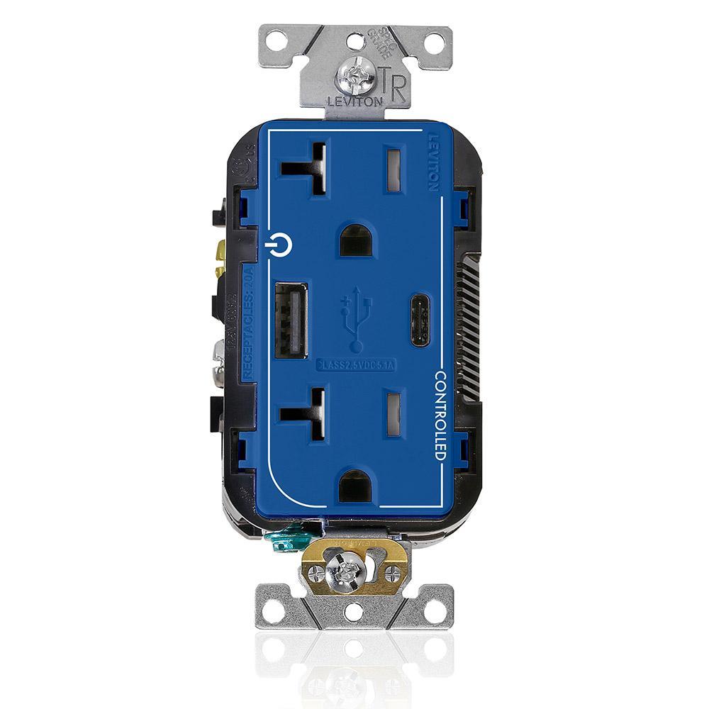 Leviton® T5833-2BU Controlled Combination Duplex Dual Marked Grounding Tamper-Resistant USB Receptacle, 125 V AC, 20 A, 1/2 hp, 2 Poles, 3 Wires, Blue