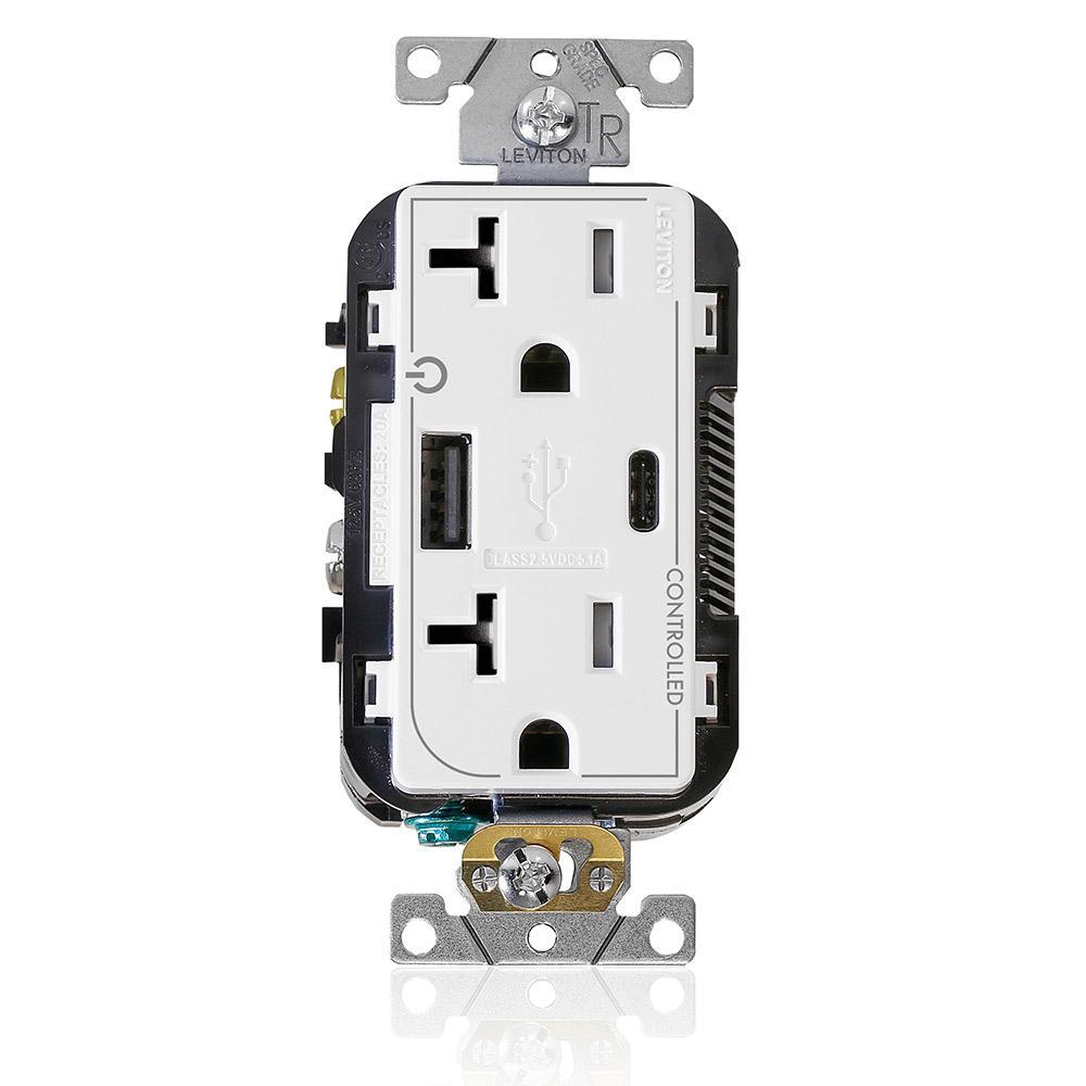Leviton® T5833-2W Controlled Combination Duplex Dual Marked Grounding Tamper-Resistant USB Receptacle, 125 V AC, 20 A, 1/2 hp, 2 Poles, 3 Wires, White