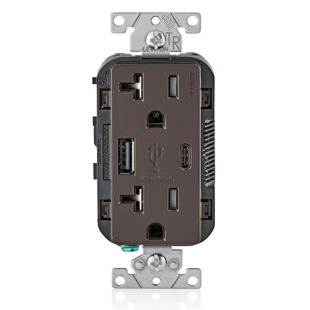 Leviton® Decora® T5833-B Combination Grounding Tamper-Resistant Duplex Receptacle and USB Charger, 125 V AC, 20 A, Brown