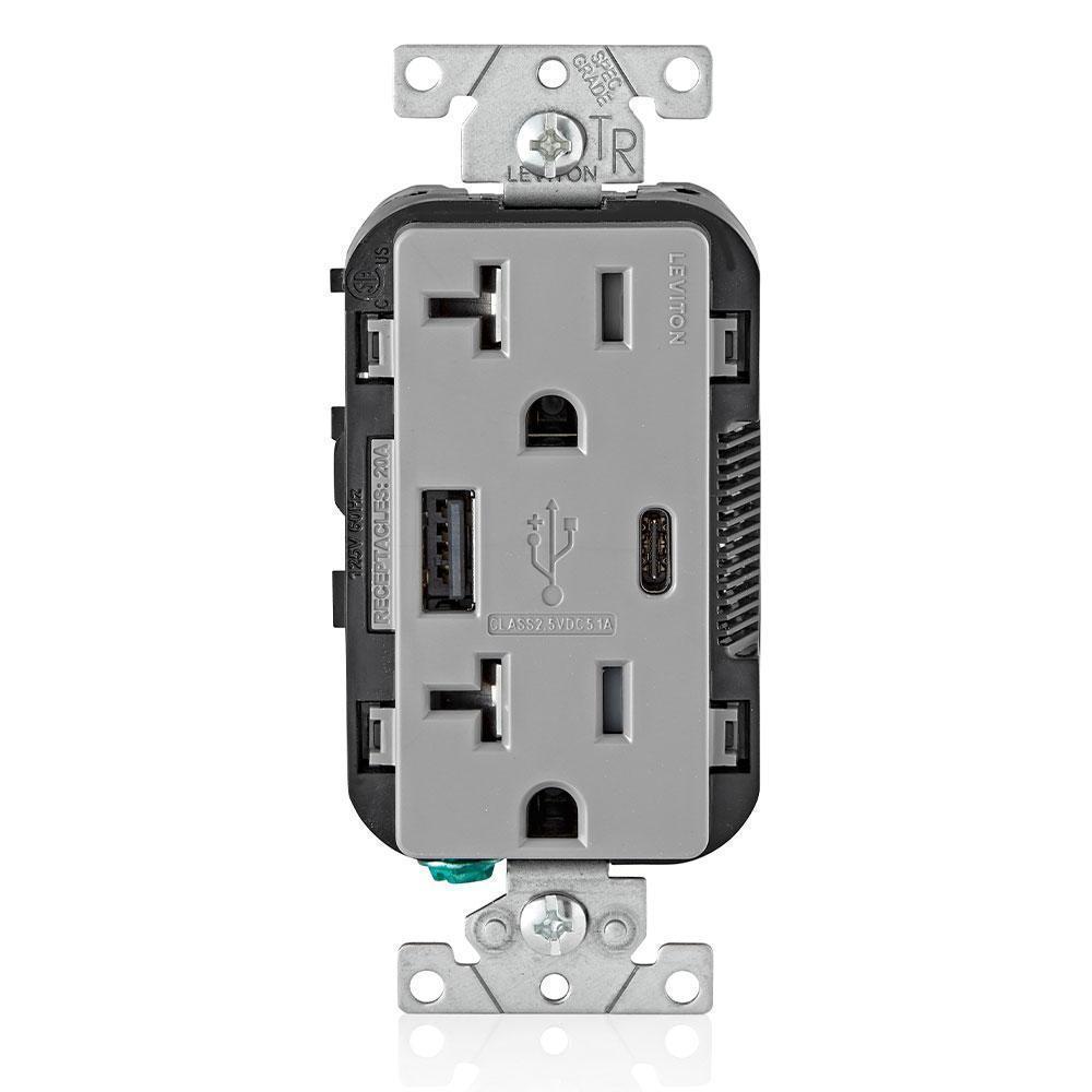 Leviton® Decora® T5833-GY Tamper-Resistant Combination USB Charger/Duplex Receptacle, 20 A, 125 V AC, Gray