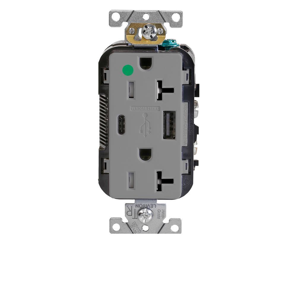 Leviton® Decora® Plus T5833-HGG Combination Heavy Duty Self-Grounding Smooth Face Tamper-Resistant Duplex Receptacle and USB Charger, 125 V AC, 20 A, 2 Poles, 3 Wires, Gray